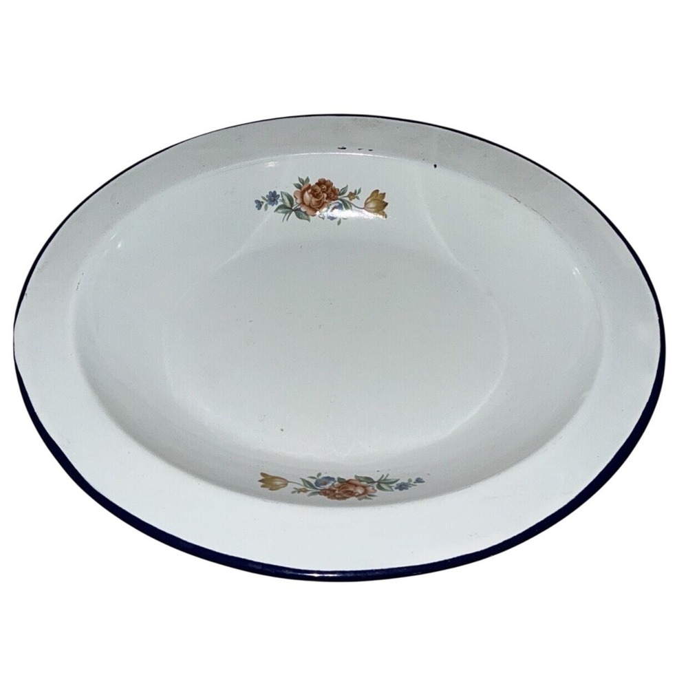 Vintage Serving‎ Bowl Enamelware Floral 11x9" White Blue Border *flaw